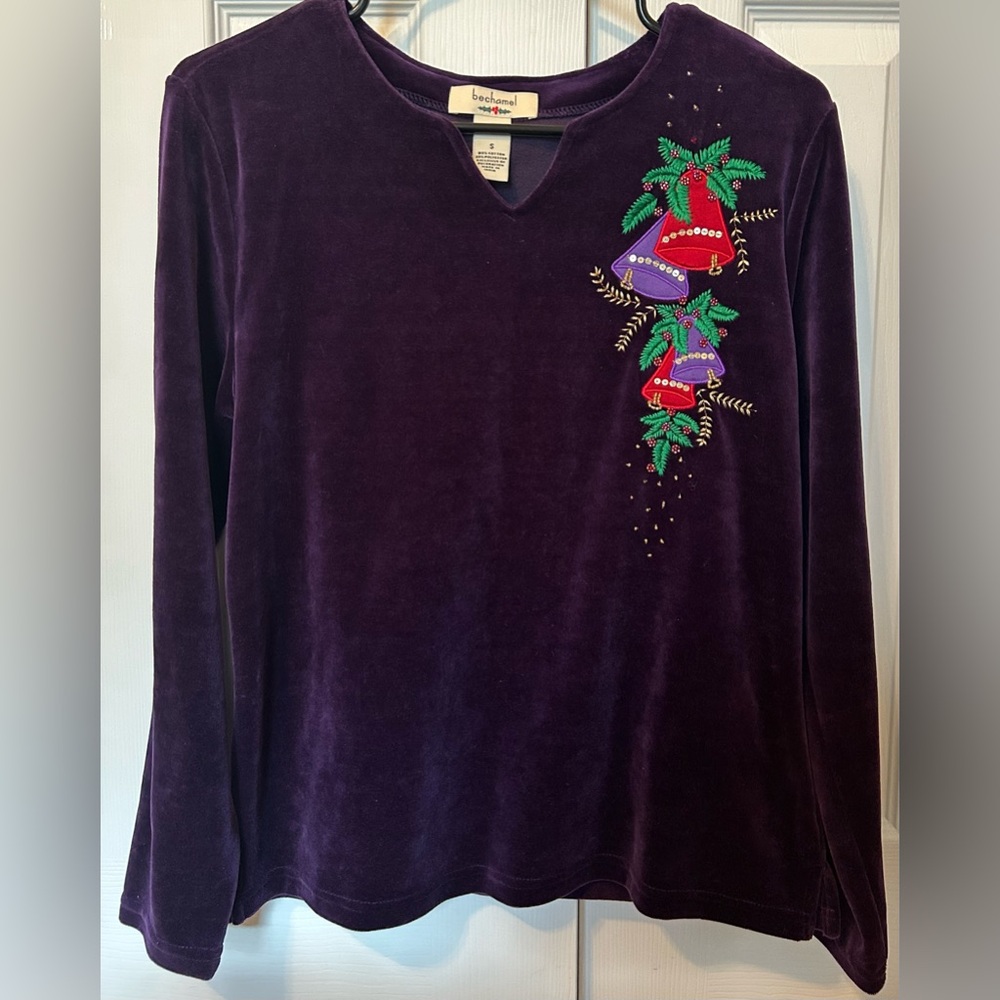 Vintage Bechamel Velvet Shirt Top Christmas Embroidered Bells Ugly S Sequin